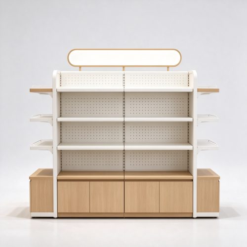 Pegboard back pet shop gondola with lightbox front view