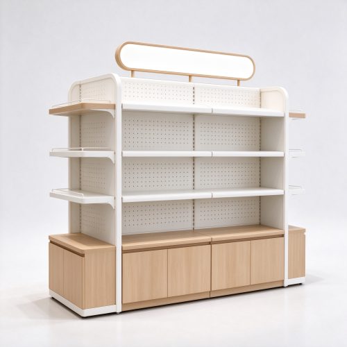 White and wood double-sided pet gondola left angle view