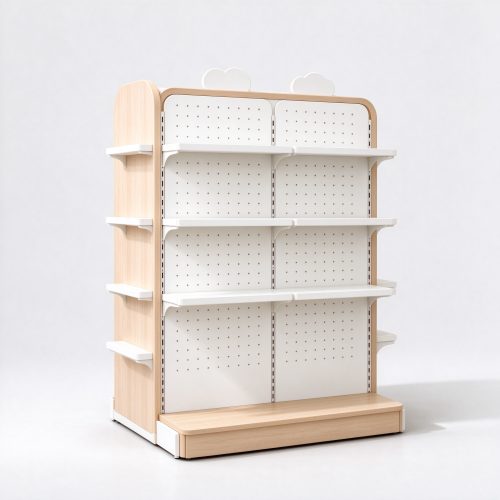 Light wood and white double-sided pet gondola left angle view