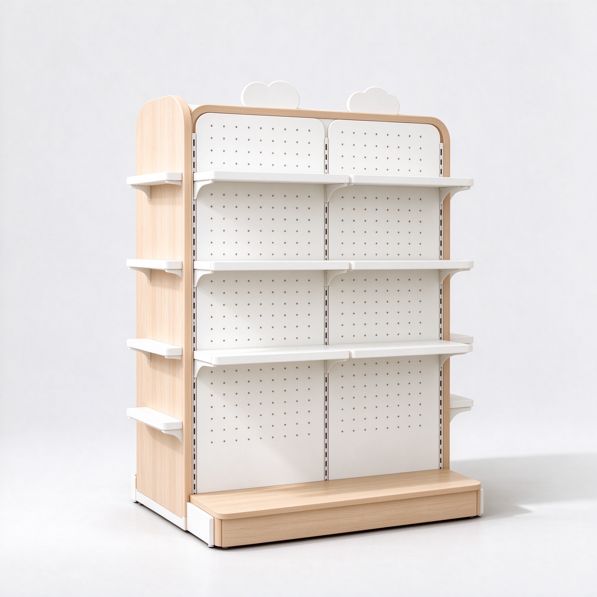 Light wood and white double-sided pet gondola left angle view