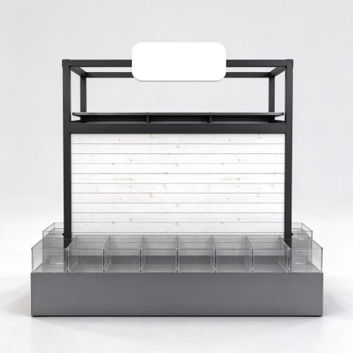 Black and white pet gondola with acrylic bins front view