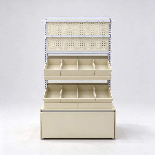 Slanted compartment pet display gondola front view