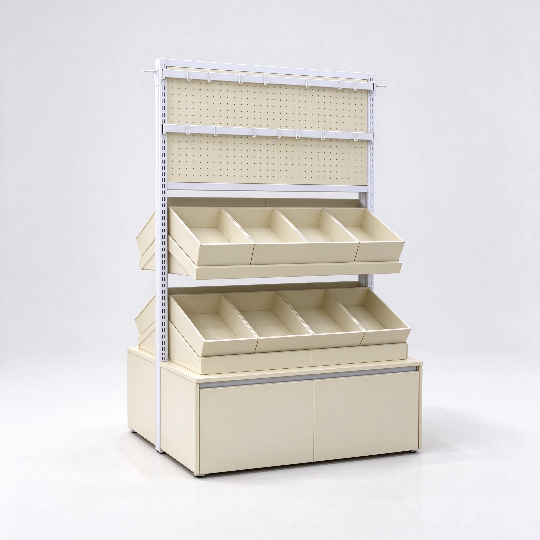 Cream beige stepped slanted shelf pet gondola left angle view