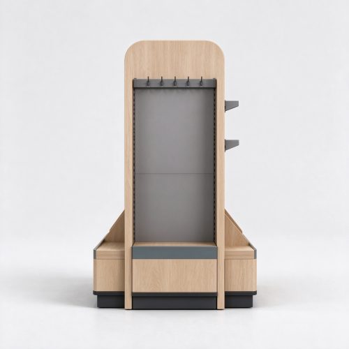 Hook rail and slanted shelf pet gondola front view