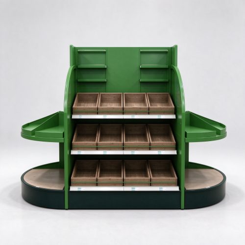 Green pet gondola with compartment shelves front view