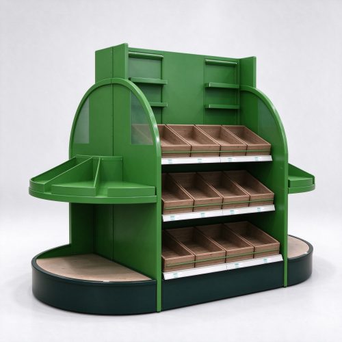 Green curved pet food gondola left angle view