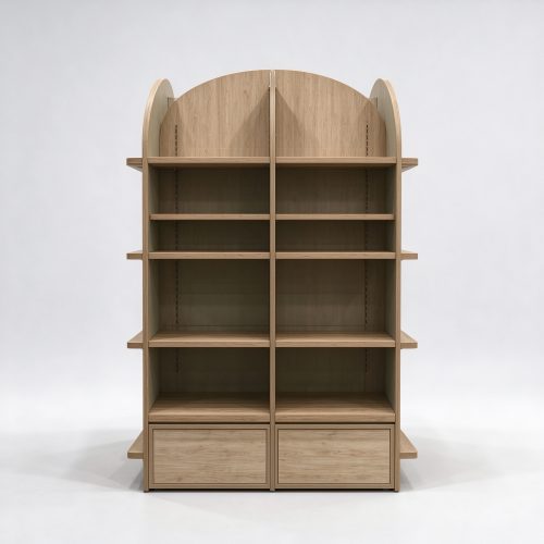 All-wood double-sided pet shelving with drawers front view