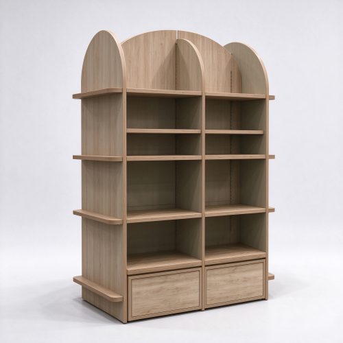 Light wood arched-top pet gondola left angle view