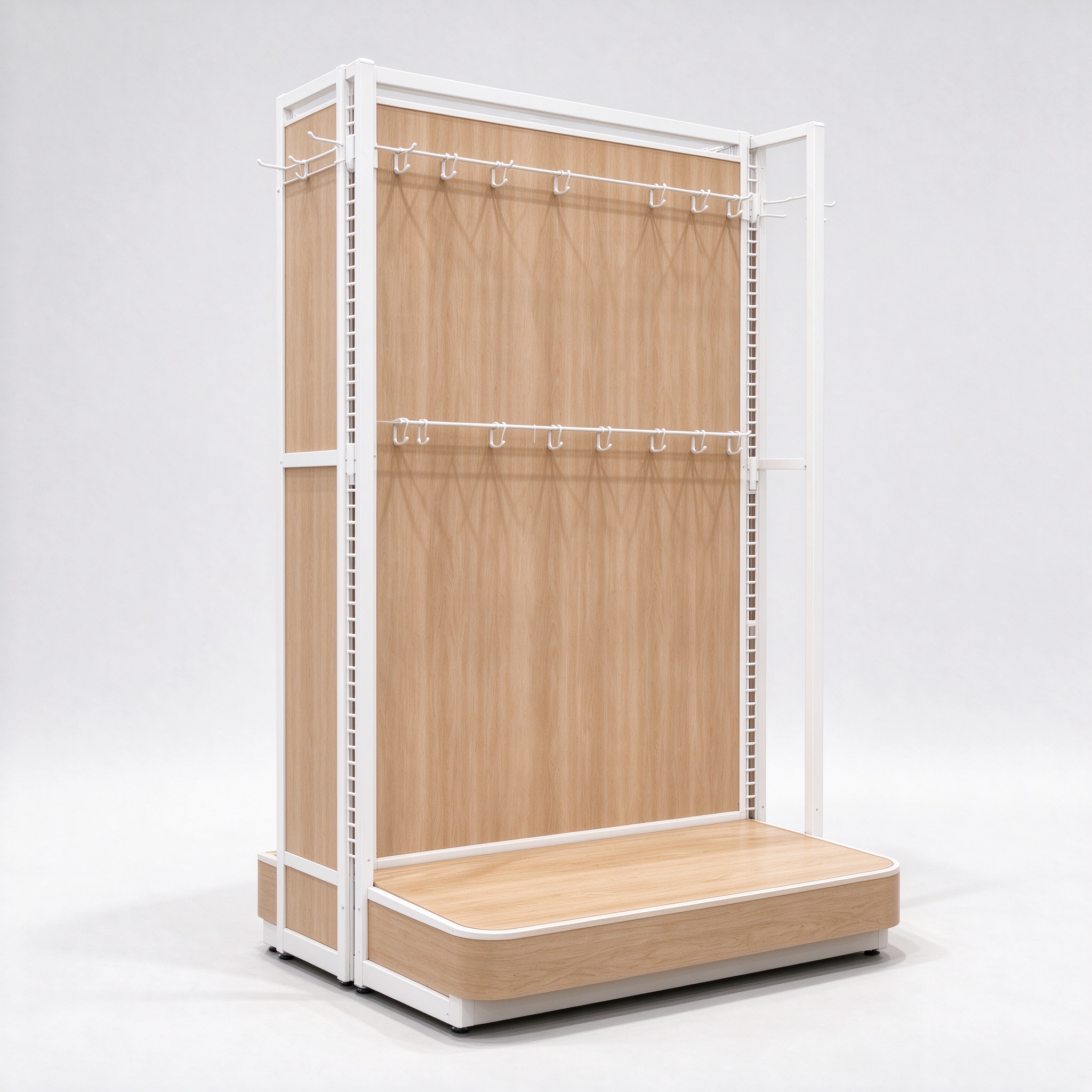 White and light wood double-sided hook rail gondola left angle view