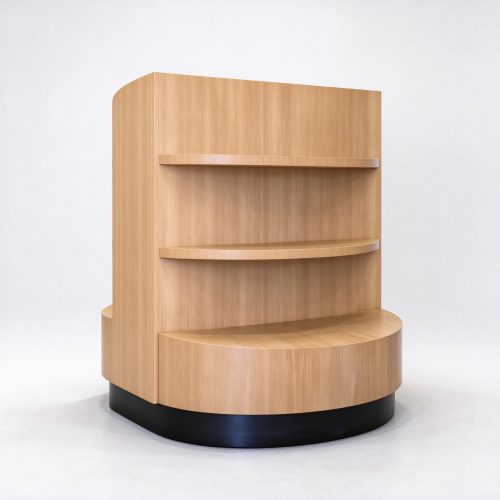 Curved light wood pet gondola left angle view
