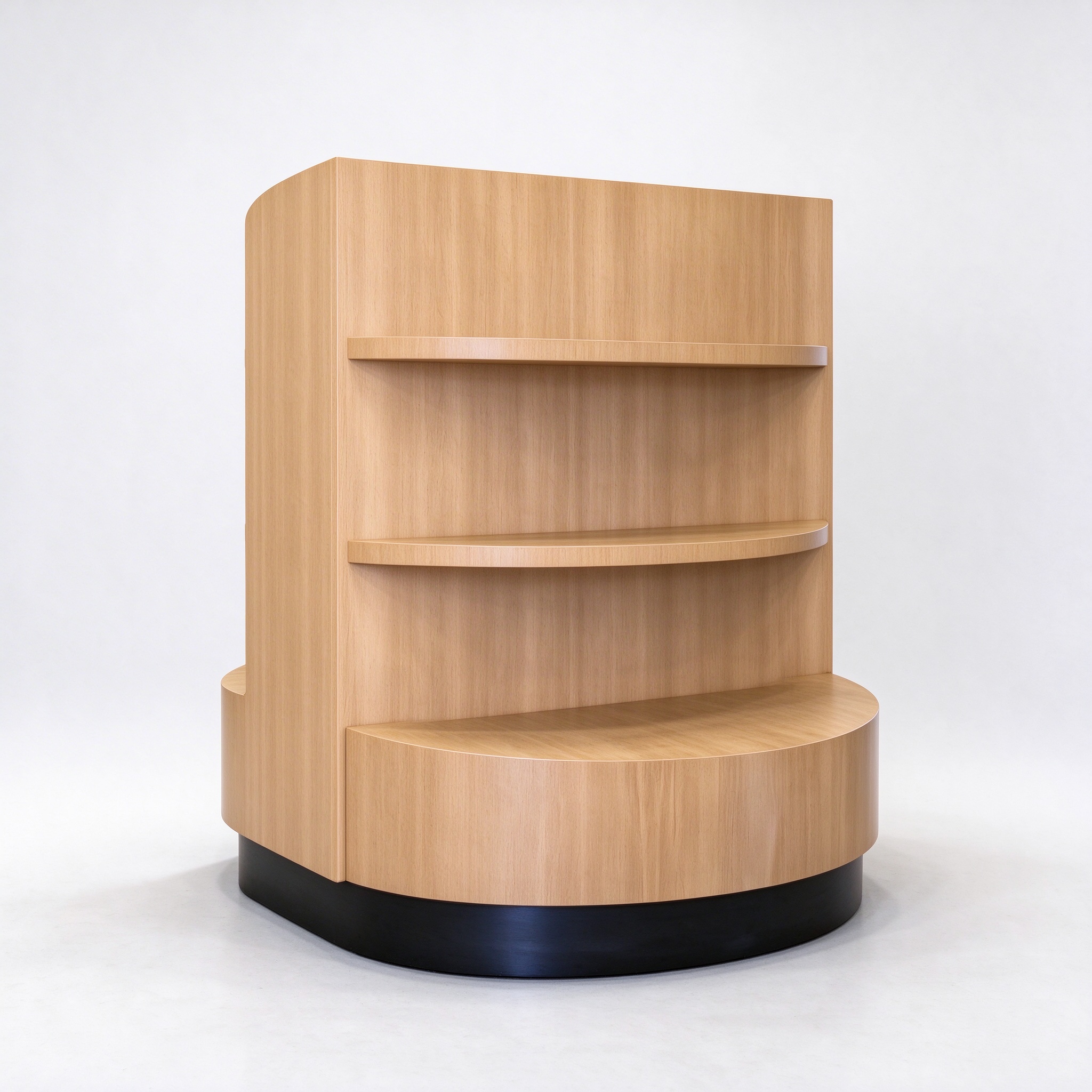 Curved light wood pet gondola left angle view