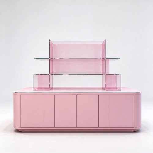 Pink display island with glass showcase front view
