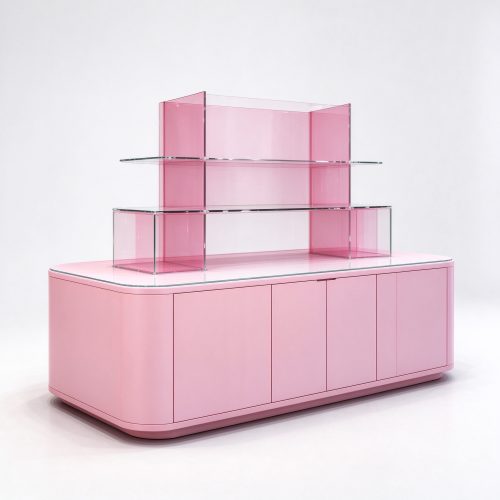Pink rounded pet shop display island left angle view