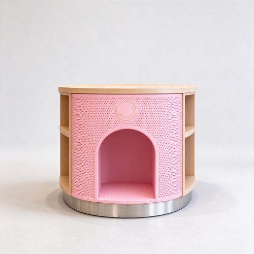 Pink pet food island with arched dog doorway front view