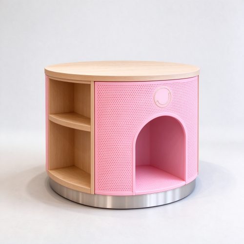 Pink curved pet food display island left angle view