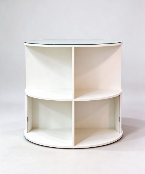 Round pet display stand with glass top front view
