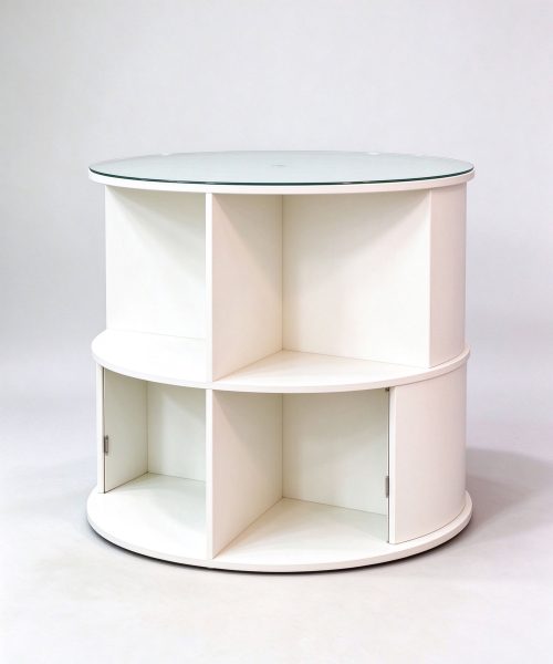 White round pet shop display stand left angle view