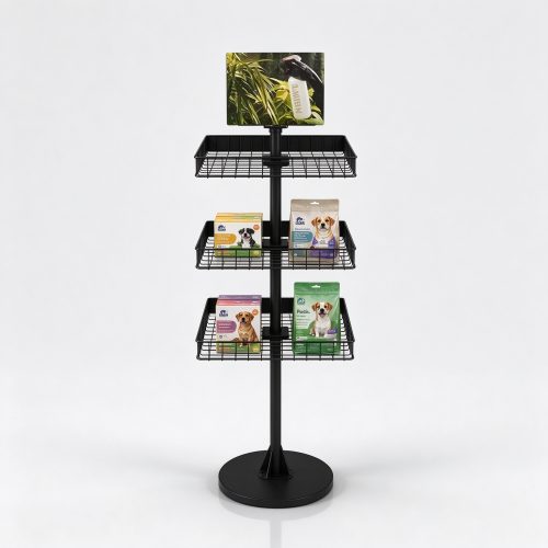 Wire mesh pet product display stand front view