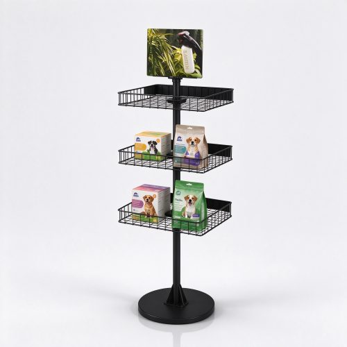 Black metal 3-tier wire mesh rotating display stand left angle view