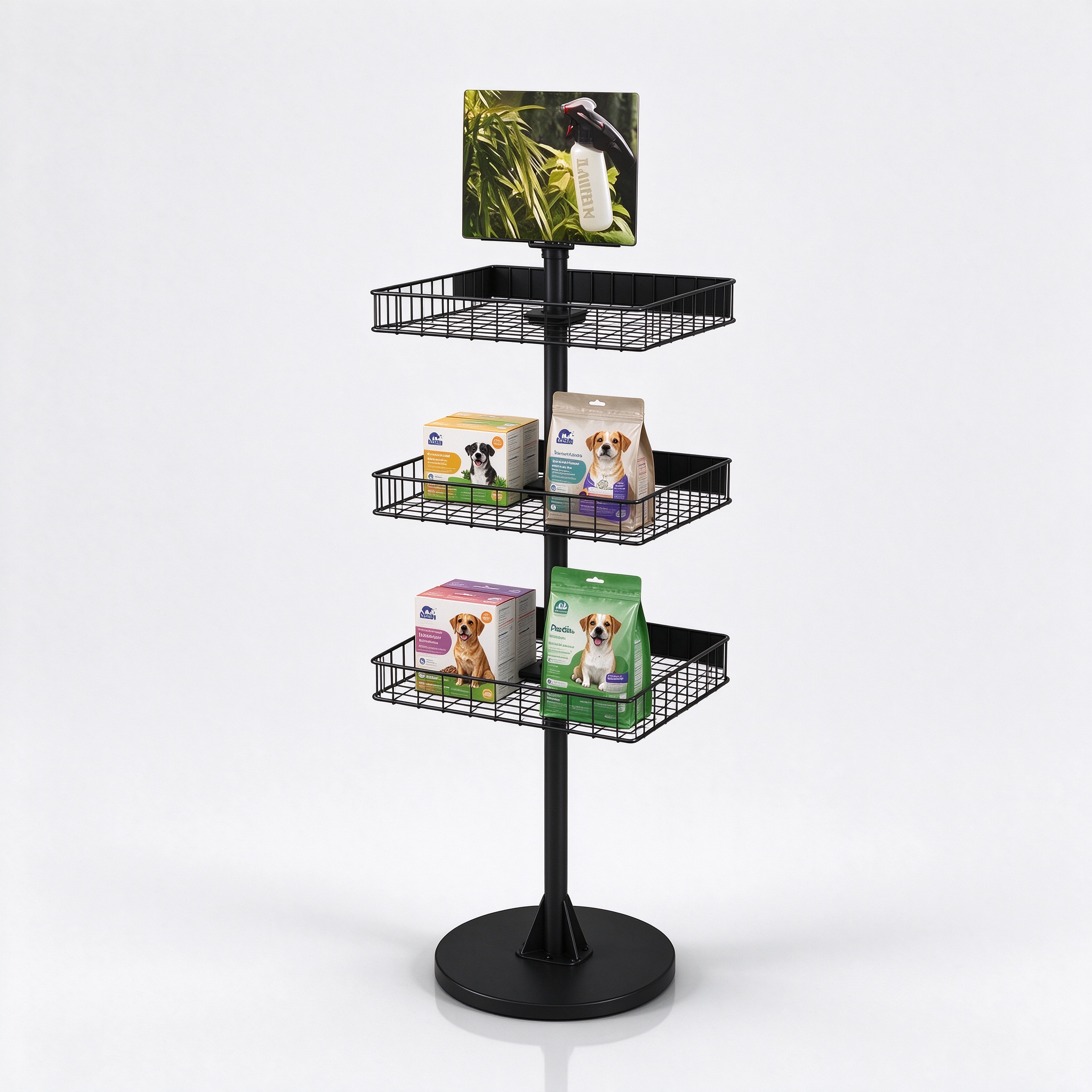 Black metal 3-tier wire mesh rotating display stand left angle view
