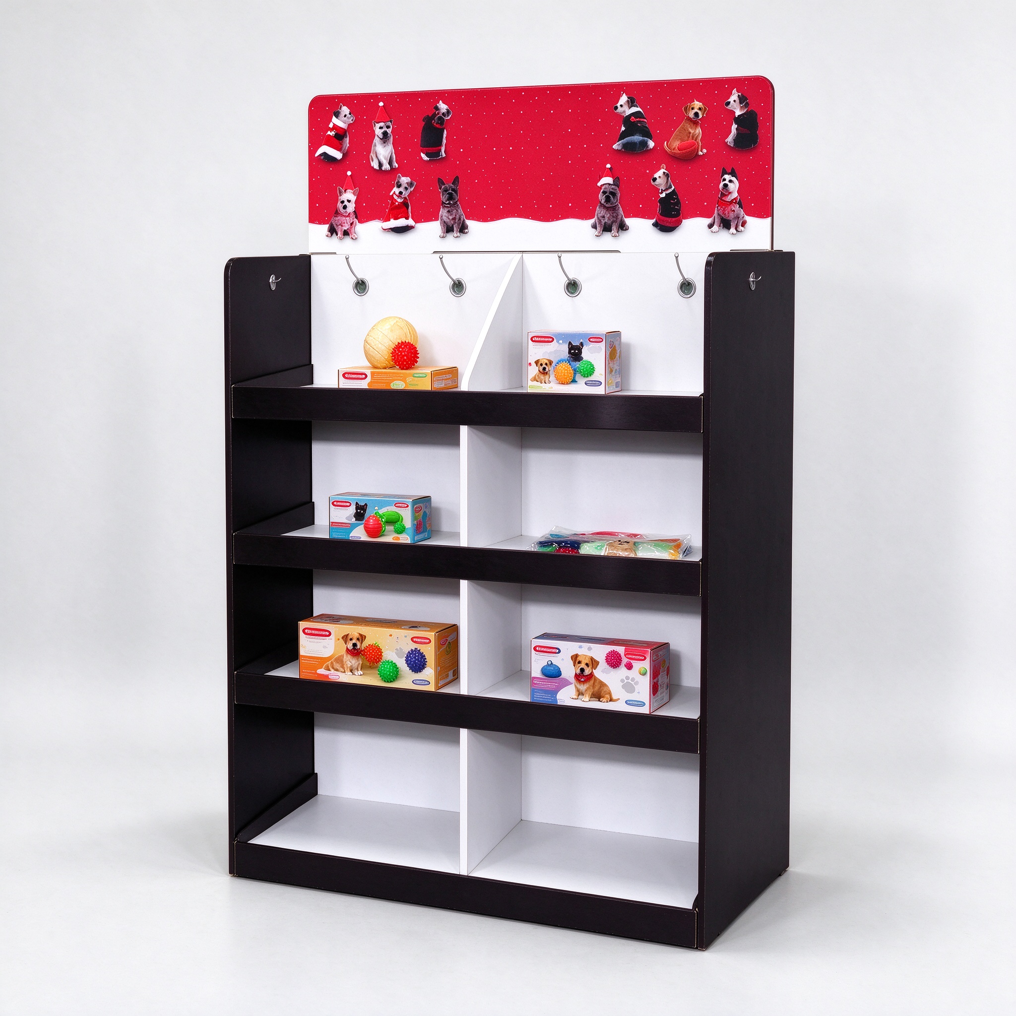 Black and white tiered cardboard pet display left angle view