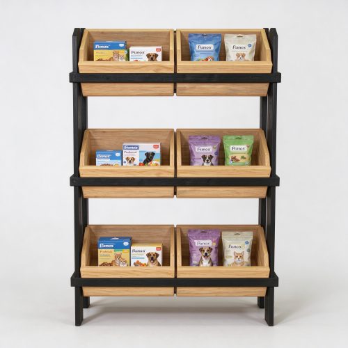Slanted wood bin display rack front view