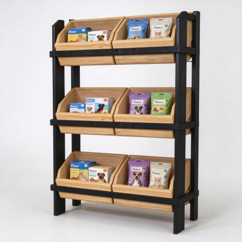 Wood and black frame 3-tier dump bin rack left angle view