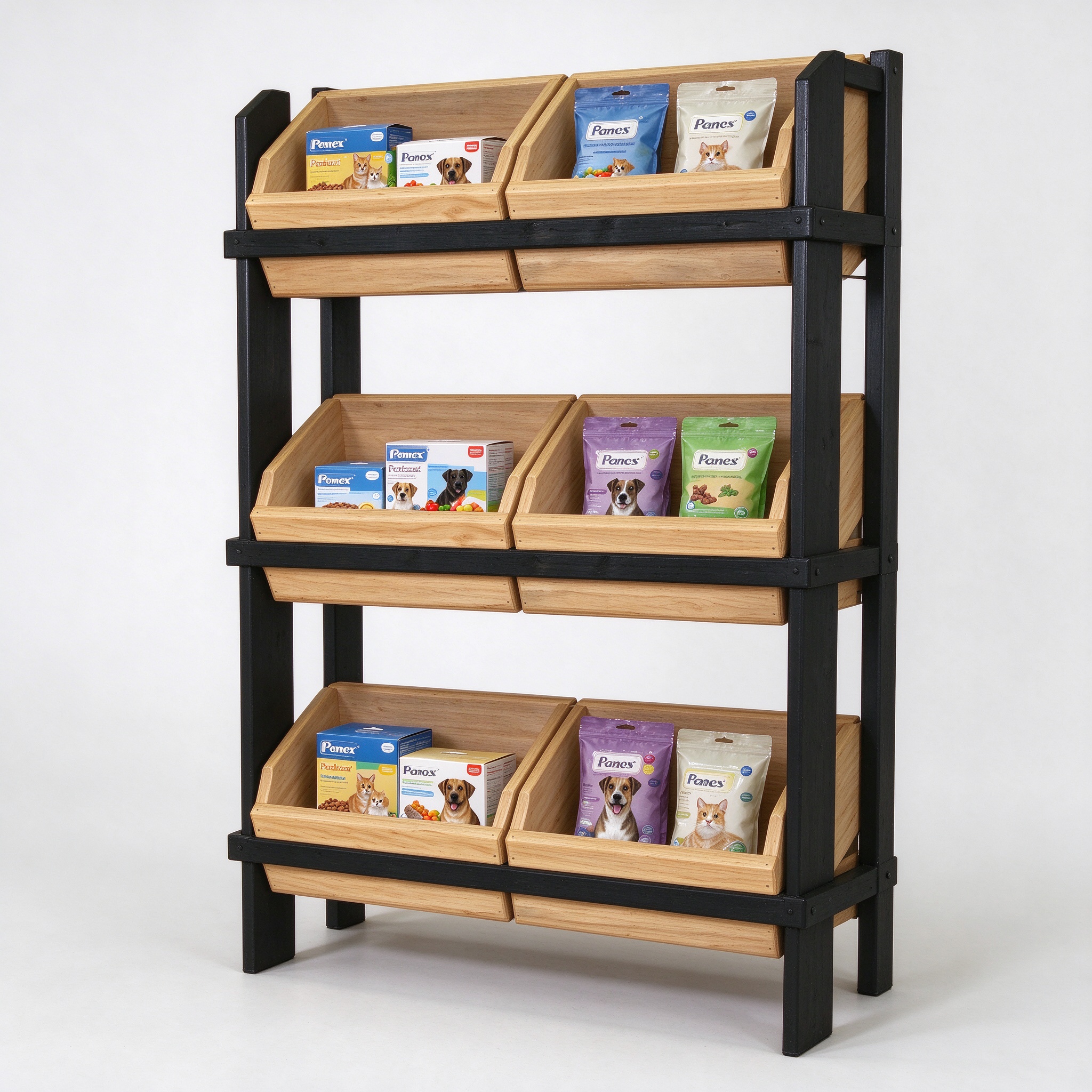 Wood and black frame 3-tier dump bin rack left angle view