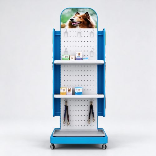 Wheeled pet product display rack front view