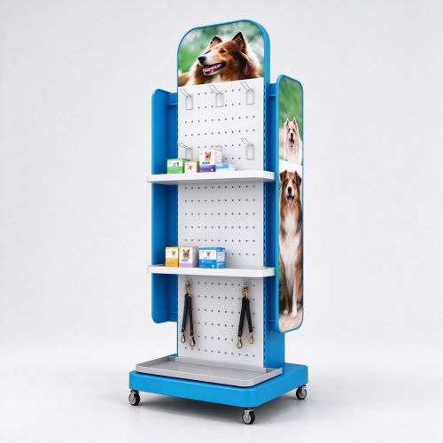 Blue freestanding pegboard pet display stand left angle view