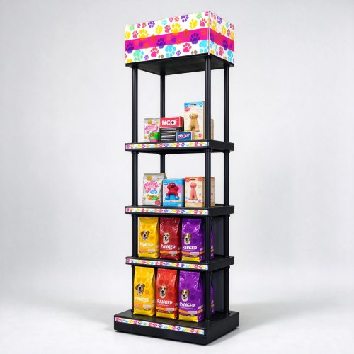 Black four-tier tower pet food display rack left angle view
