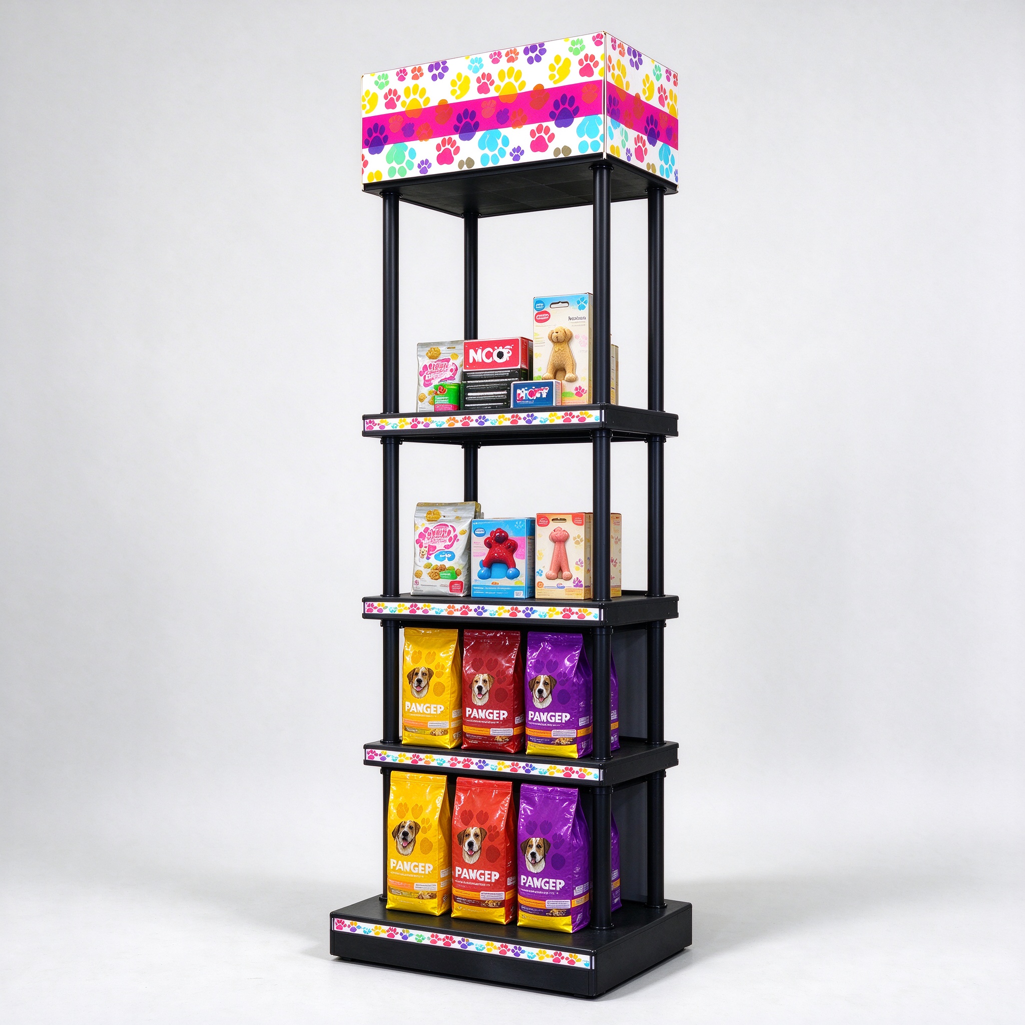 Black four-tier tower pet food display rack left angle view