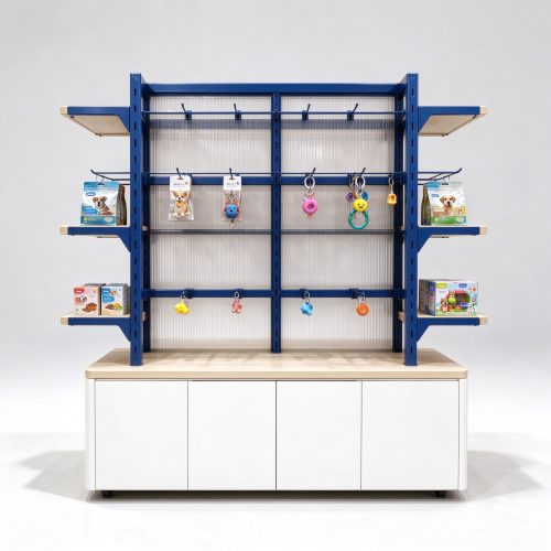 Gondola shelving unit with white base cabinet front view