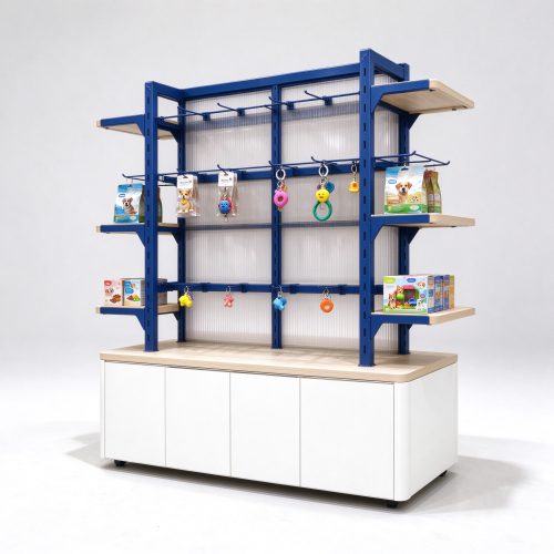 Blue metal double-sided pet display rack left angle view