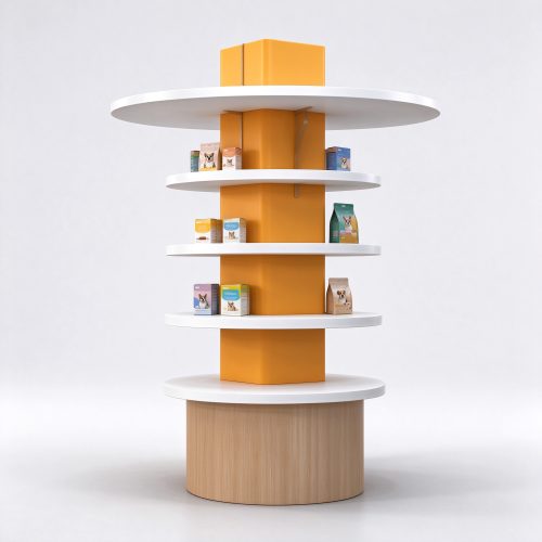 Orange column spiral pet display island left angle view