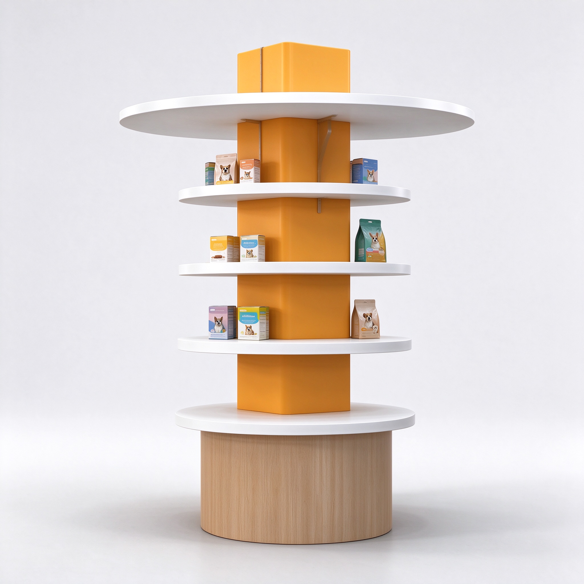 Orange column spiral pet display island left angle view