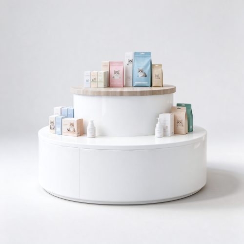 Cylindrical product display island front view