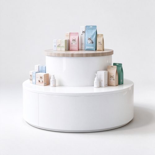 White round double-tier pet display platform left angle view