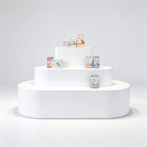 Curved stepped pet product display island front view