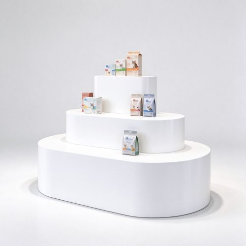 White curved three-tier stepped display platform left angle view