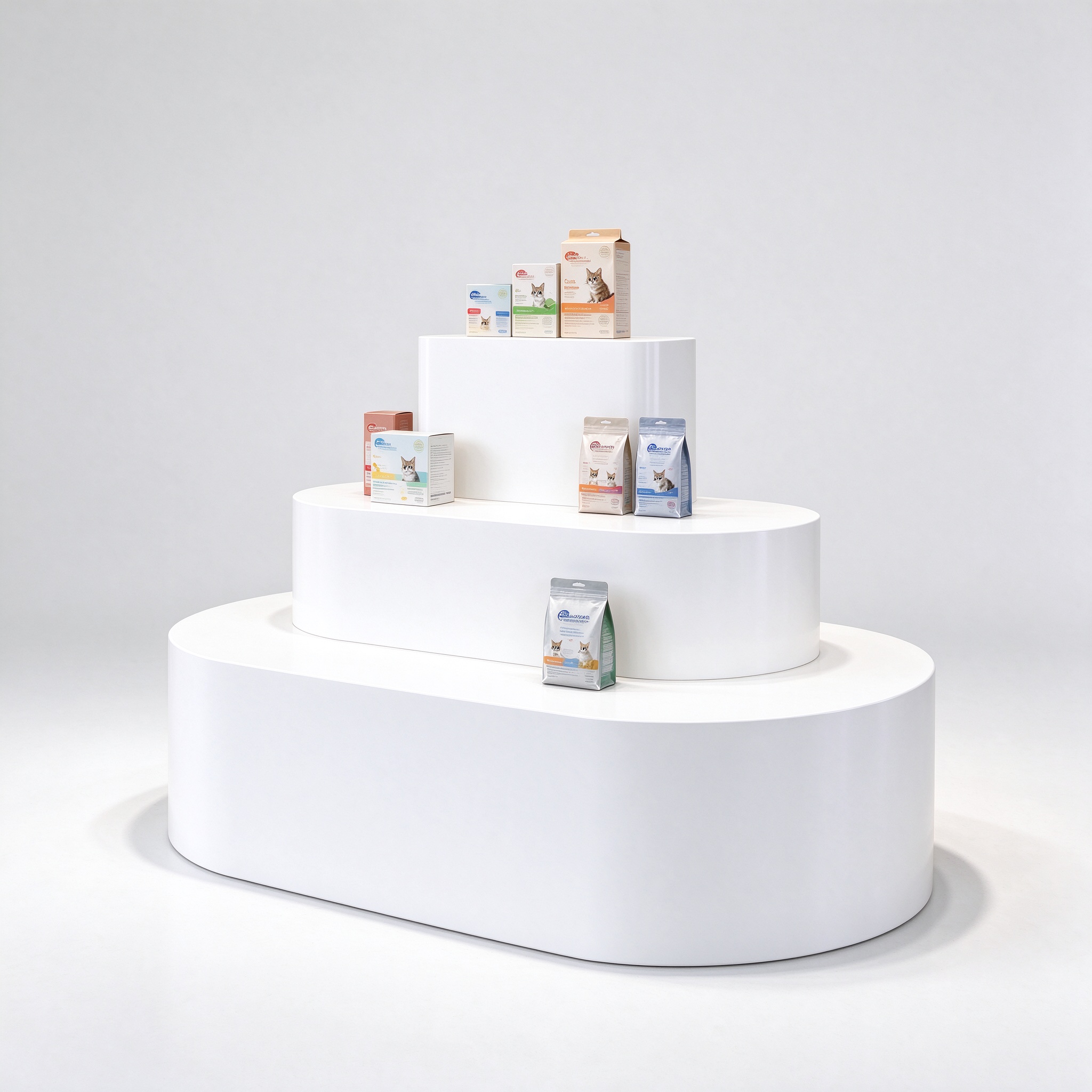 White curved three-tier stepped display platform left angle view