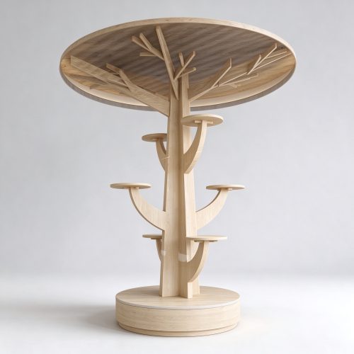 Wood cat tree with circular canopy front view