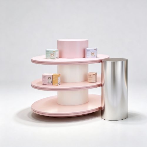 Pastel pink display with metal cylinder front view