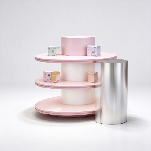 Pink three-tier oval display stand left angle view