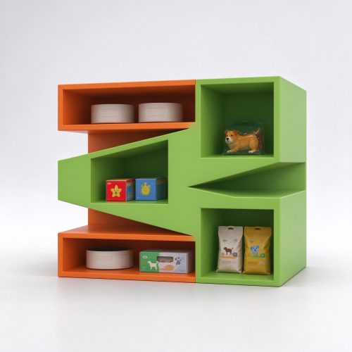 Green and orange modular block display unit left angle view
