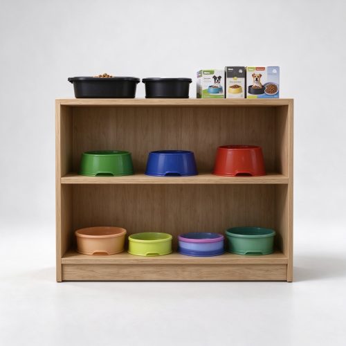 Three-shelf wood bowl display unit front view