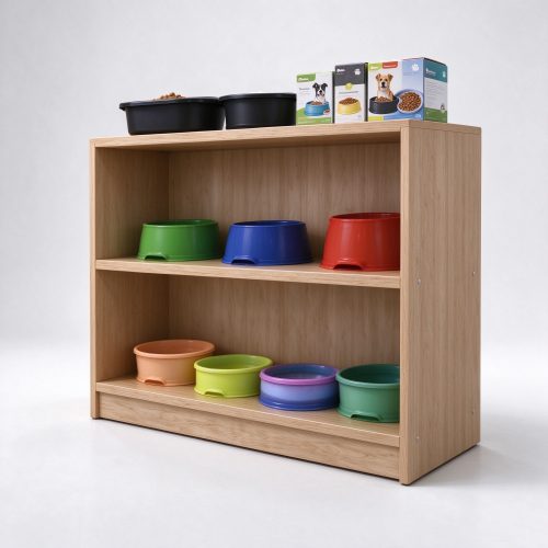 Light wood open pet bowl display rack left angle view