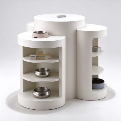 White curved three-column pet bowl display platform left angle view