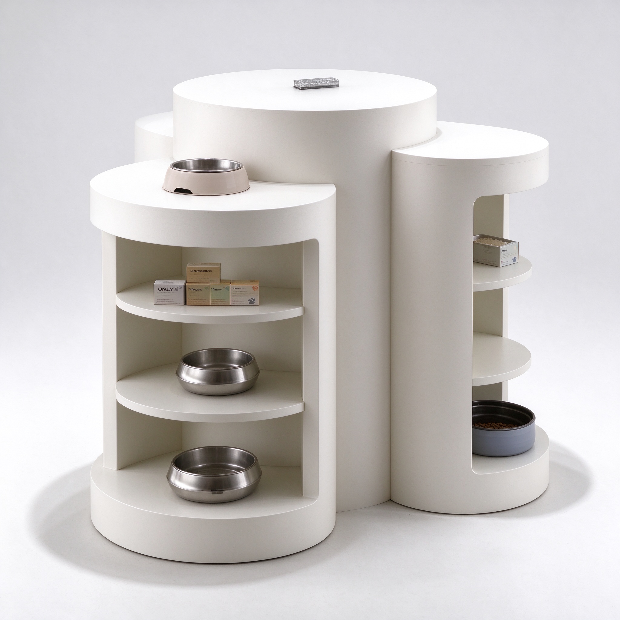 White curved three-column pet bowl display platform left angle view
