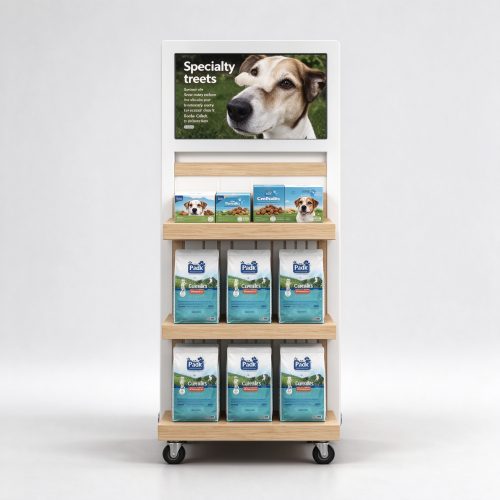 Slatwall display with caster wheels front view